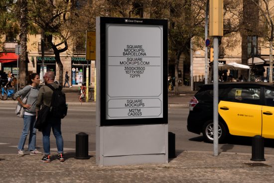 Outdoor advertising poster mockup in urban setting with clear display for design showcase. Ideal for designers to feature ads or artwork in a realistic scenario.